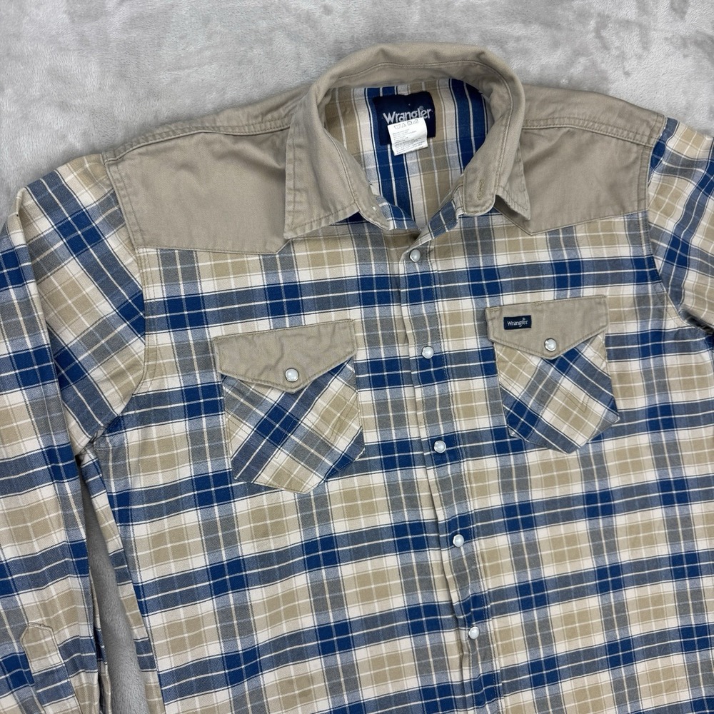 VTG Wrangler Brushpopper Shirt Mens Large 2 Toned Yolk Western Twill Pearl‎ Snap